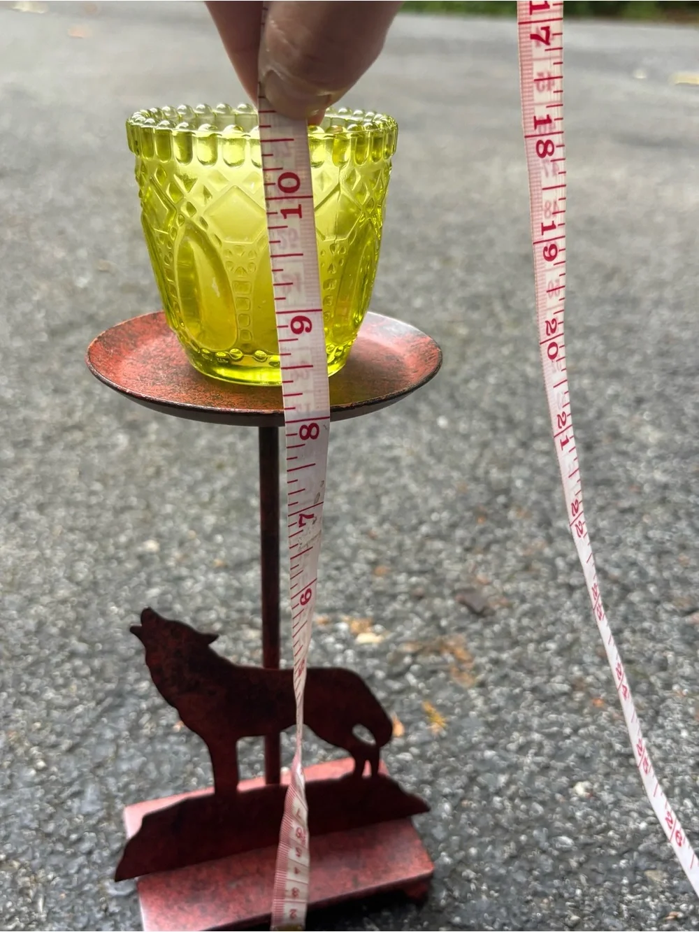Green Pressed Glass Votive Holder on Rustic Wolf Stand